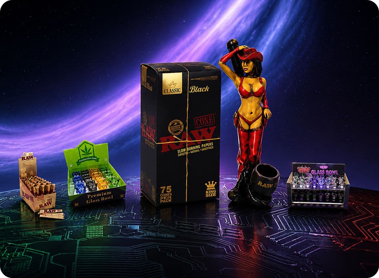 RAW rolling papers, cones, glass bowls, and pipe display